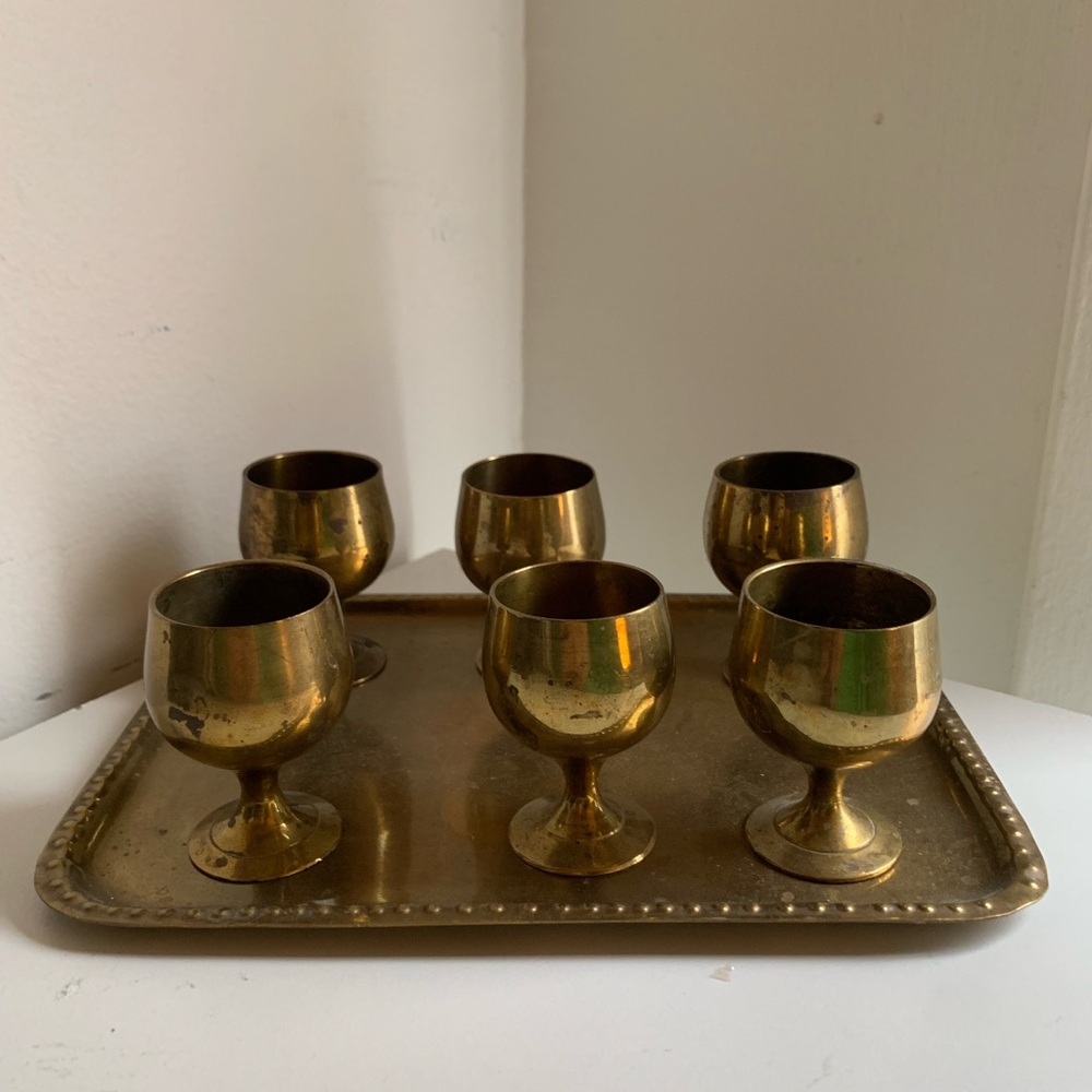 Vintage Brass Barware Set 6 Cordial Shot Glasses with Tray Midcentury Modern